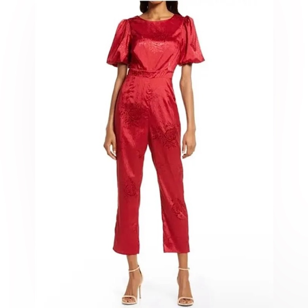 Lulus Time After Time Floral Jacquard Satin Open Back Jumpsuit - Deep Red